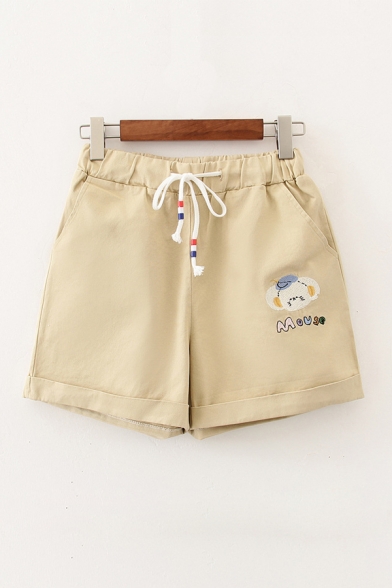 Cute Girls Letter Mouse Cartoon Mouse Pockets Drawstring rolled edge Elastic Waist Slim Fit Shorts