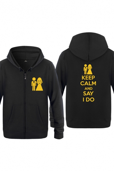 Dressy Character Letter Keep Calm and Say I Do Printed Zipper up Pocket Drawstring Long Sleeve Regular Fitted Graphic Hoodie for Men