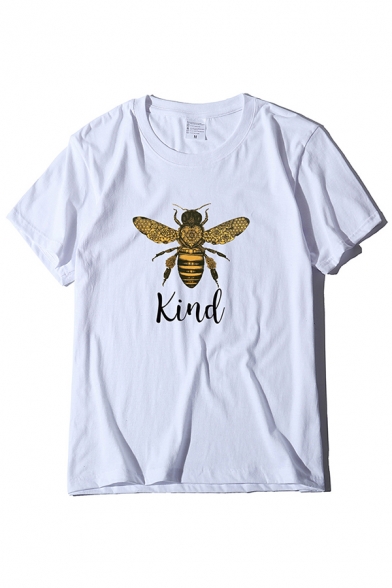 Fancy Cartoon Bee Letter Kind Graphic Rolled Short Sleeve Crew Neck Slim Fit T Shirt for Girls