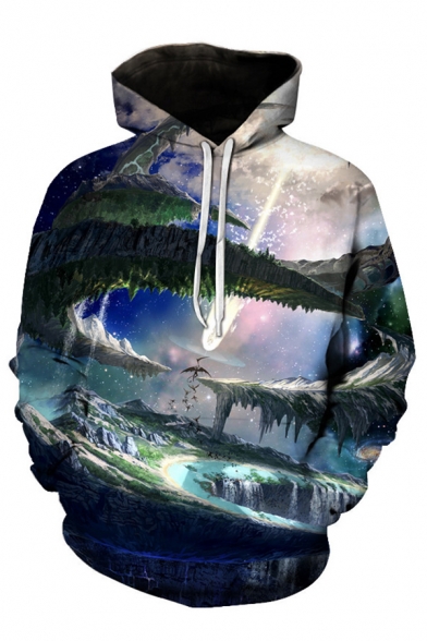 Fancy Mens 3D Bird Mountain Galaxy Pattern Pocket Drawstring Long Sleeve Regular Fit Hooded Sweatshirt