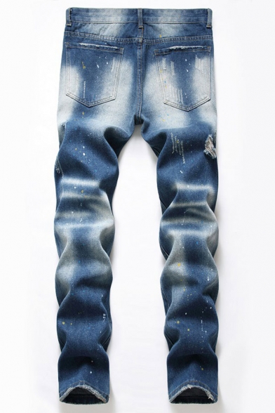 Fancy Mens Paint Splatter Medium Wash Ripped Pocket Zipper Mid Rise Full Length Slim Fitted Jeans