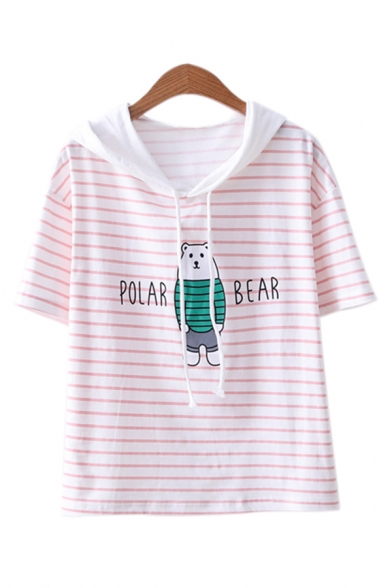 Fashion Womens Letter Polar Bear Graphic Striped Short Sleeve Hooded Drawstring Regular T Shirt