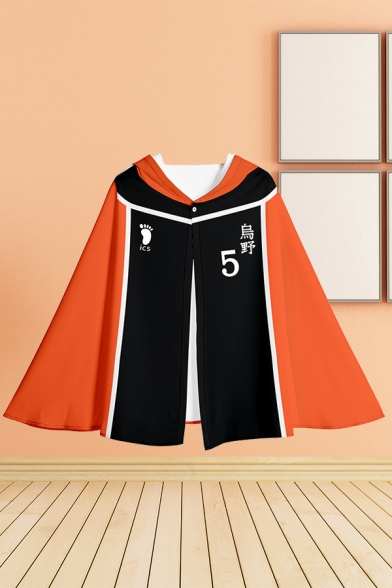 Fashionable Womens Number Footprint Graphic Colorblock Hooded Button up Loose Fit Cape in Orange