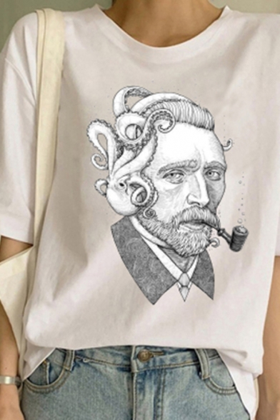 Funny Oil Painting Van Gogh Graphic Short Sleeve Crew Neck Loose Fitted Tee Top in White