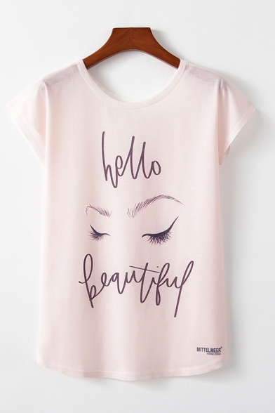 Girls Pretty Letter Hello Beautiful Cartoon Face Graphic Short Sleeve Round Neck Loose Fit T-shirt