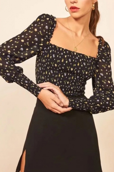 Gorgeous Ladies Ditsy Floral Print Long Sleeve Square Neck Pleated Slim Fit T Shirt in Black