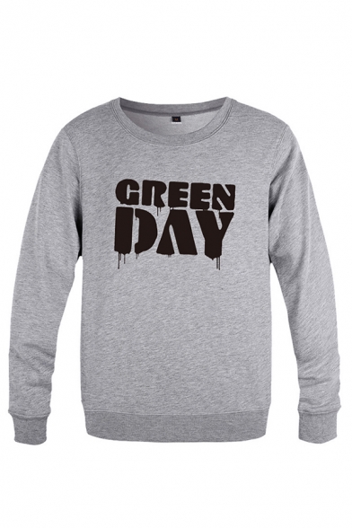 Green Day Letter Printed Long Sleeve Crew Neck Relaxed Fit Pullover Fashion Sweatshirt for Guys