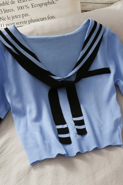 Hot Popular Girls Color Block Striped Fake Pocket Tie Sailor Collar Short Sleeve Slim Fit Crop Tee Top