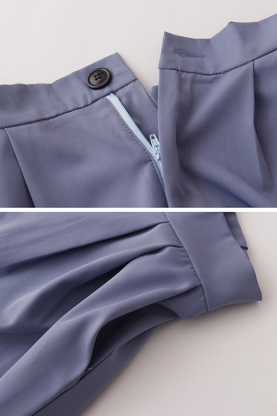 Hot Summer Womens Solid Color Pockets Pleated Zipper Button Detail Elastic Waist Wide Leg Shorts