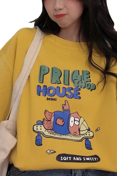 Korean Womens Letter Pride Shop House Cartoon Graphic Half Sleeve Crew Neck Loose Fit T Shirt