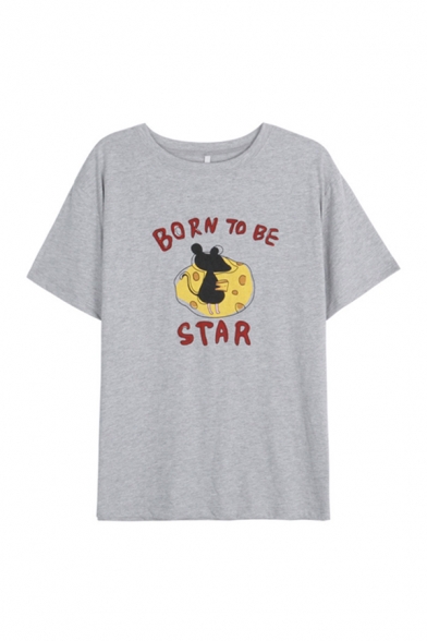 Leisure Womens Letter Born To Be Star Cheese Rat Graphic Short Sleeve Crew Neck Relaxed Fit T-shirt