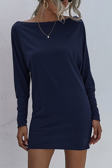 Leisure Womens Solid Color Long Sleeve Oblique Shoulder Mini Fitted T Shirt Dress