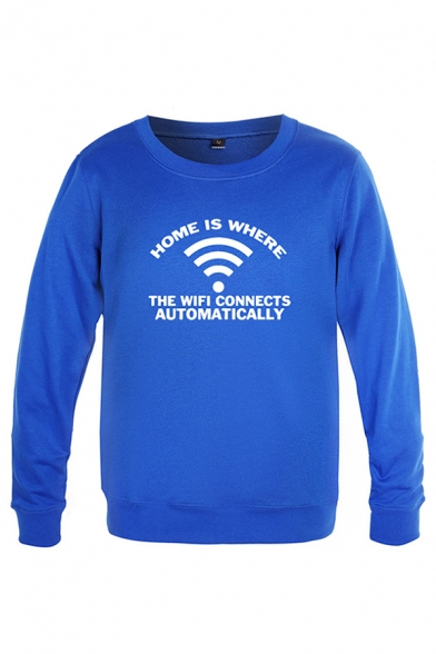 Letter Home Is Where Wi-Fi Graphic Long Sleeve Round Neck Relaxed Pullover Fashionable Sweatshirt for Men
