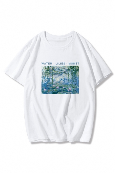 Letter Water Lilies Monet Graphic Short Sleeve Crew Neck Loose Fit Fashion T Shirt in White