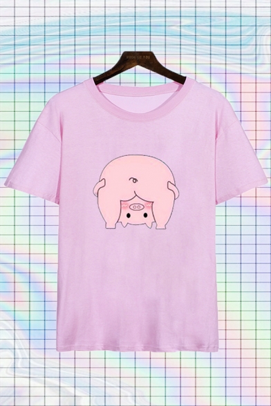 Lovely Cartoon Pig Pattern Short Sleeve Crew Neck Loose Fit T-shirt for Men
