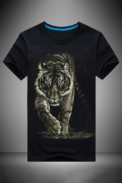 Mens 3D Stylish Tiger Printed Short Sleeve Round Neck Slim Fitted Tee Top