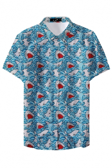 New Trendy Cool Shark Pattern Mens Basic Short Sleeve Button Up Beach Shirt