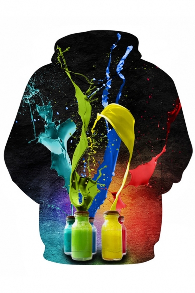 Popular 3D Paint Splatter Bottle Colorblock Pattern Pocket Drawstring Long Sleeve Regular Fit Hoodie for Men