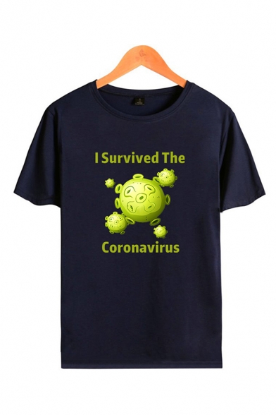 Popular Letter I Survived The Coronavirus Cartoon Graphic Short Sleeve Round Neck Loose Tee Top for Guys