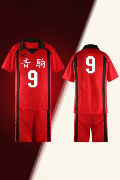 Popular Number Japanese Letter Print Tape Short Sleeve Spread Collar Relaxed Tee & Straight Shorts Co-ords in Red