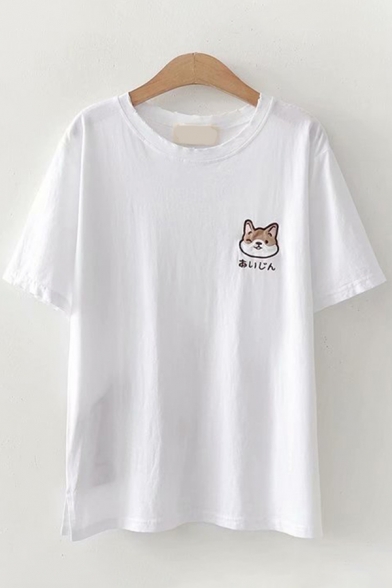 Popular Womens Japanese Letter Dog Embroidered Short Sleeve Round Neck Relaxed T Shirt