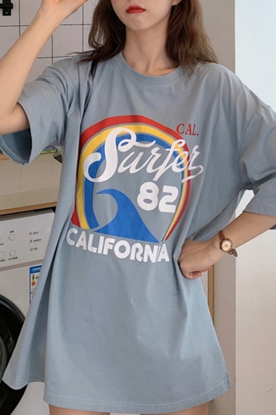 Popular Womens Letter California Colorful Stripe Graphic Half Sleeve Crew Neck Oversize Tee Top