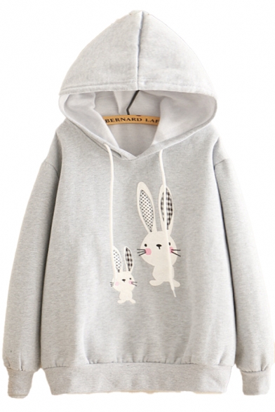 Preppy Girls Sherpa Liner Cartoon Rabbit Embroidery Long Sleeve Drawstring Relaxed Hoodie