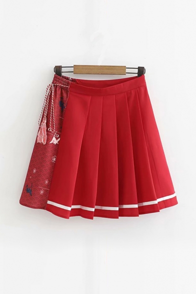 Sexy Girls Mix Cartoon Printed Tied Tassel Side Pleated High Rise Short A Line Skirt