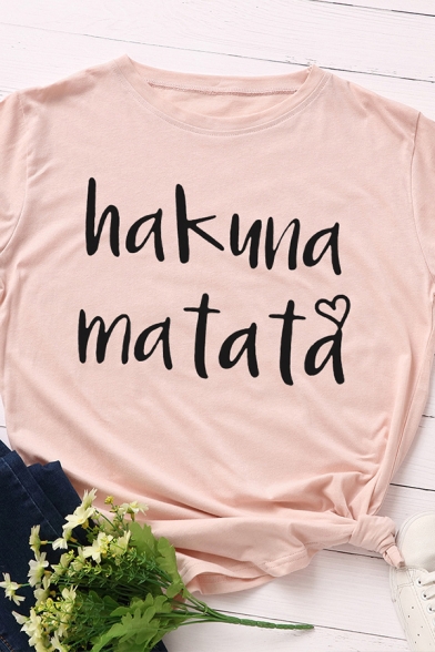 Simple Letter Hakuna Matata Heart Graphic Rolled Short Sleeve Crew Neck Regular Fit T-shirt for Women