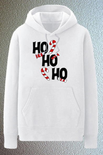 Simple Mens Candy Pattern Letter Hohoho Pocket Drawstring Long Sleeve Regular Fit Graphic Hooded Sweatshirt