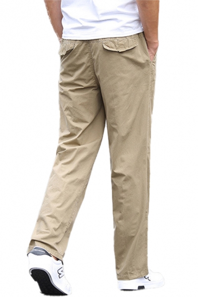 Simple Solid Color Zipper Pocket Straight Fitted Full Length Chinos Trousers for Men