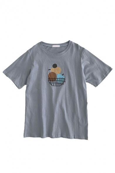 Simple Summer Fruit Printed Crew Neck Short Sleeve Regular Fit Tee Shirt for Girls