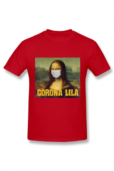 Spoof Letter Corona Lisa Graphic Short Sleeve Crew Neck Relaxed Tee Top for Women