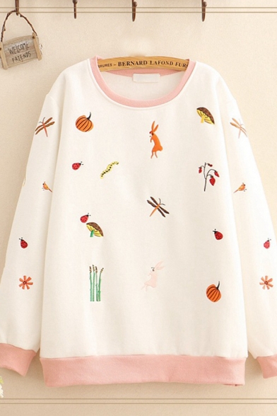 Stylish Mixed Cartoon Embroidered Contrasted Long Sleeve Round Neck Loose Pullover Sweatshirt