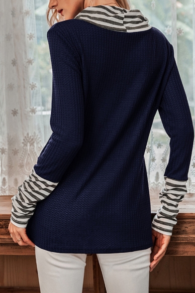 Stylish Womens Waffle Knit Stripe Print Panel Long Sleeve Cowl Neck Button Side Loose T Shirt