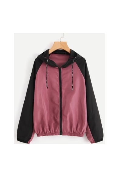 Trendy Colorblock Two-Tone Long Sleeve Hooded Zip Up Burgundy Track Coat