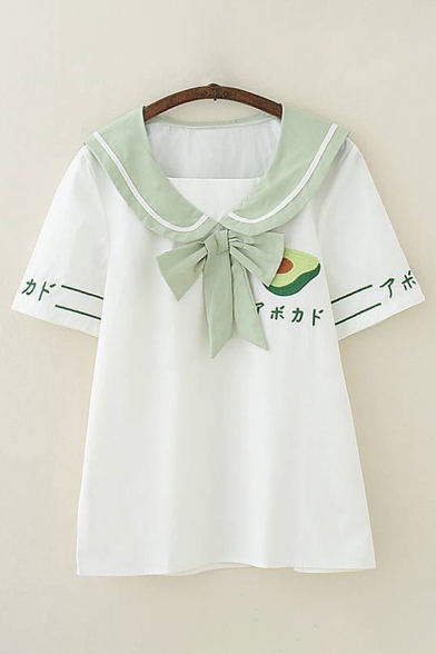 

Trendy Girls Japanese Letter Avocado Embroidery Short Sleeve Bow Tied Sailor Collar Striped Loose T-shirt, Green;white, LC638093