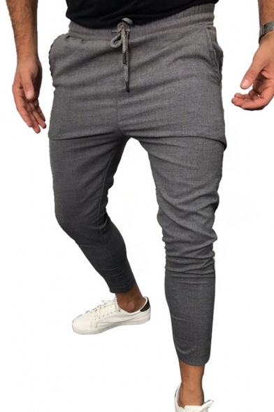 Trendy Men's Pants Plain Drawstring Waist Pockets Slim Fit Ankle Length Relaxed Pants
