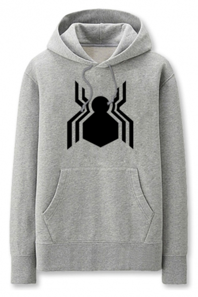 Trendy Mens Spider Pattern Pocket Drawstring Long Sleeve Regular Fit Hooded Sweatshirt