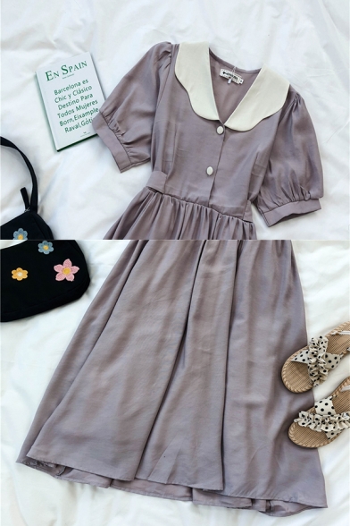 Trendy Summer Button Pleated Bow Back Patchwork Peter Pan Collar Short Puff Sleeve Midi A Line Dress for Girls