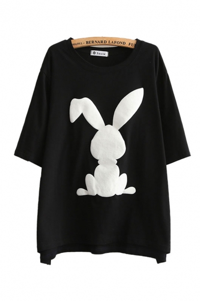 Trendy Womens Rabbit Printed Half Sleeve Round Neck Relaxed Fit Tunic T Shirt