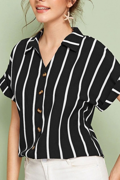 Trendy Womens Stripe Printed Rolled Short Sleeve Turn down Collar Button up Relaxed Shirt