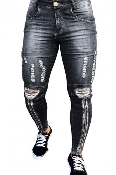 Unique Mens Jeans Distressed Zipper Button Detail Pockets Cuffed Medium Wash Full Length Skinny Fit Jeans