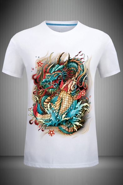 Vintage Mens 3D Dragon Fish Pattern Slim Fitted Short Sleeve Crew Neck Tee Top
