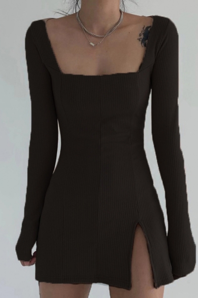 square neck long sleeve mini dress