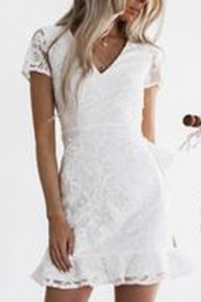 Allover Flower Embroidered See-through Mesh Short Sleeve V-neck Ruffled Trim Bow Tie Waist Boutique Short A-line Dress in White