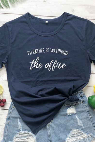 Basic Womens Letter I'd Rather Be Watching The Office Pattern Short Sleeve Crew Neck Fitted T-shirt