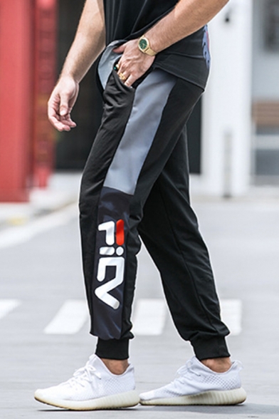 Black Classic Mens Colorblock Letter FICV Printed Cuffed Drawstring Ankle Length Tapered Fit Jogger Pants with Pockets