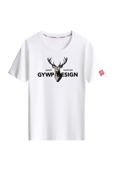 Casual Guys Letter Gywp Design Deer Graphic Short Sleeve Crew Neck Relaxed Fit T Shirt