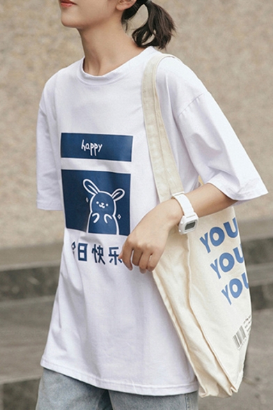 Casual Womens Letter Happy Rabbit Graphic Half Sleeve Crew Neck Relaxed T-shirt in White